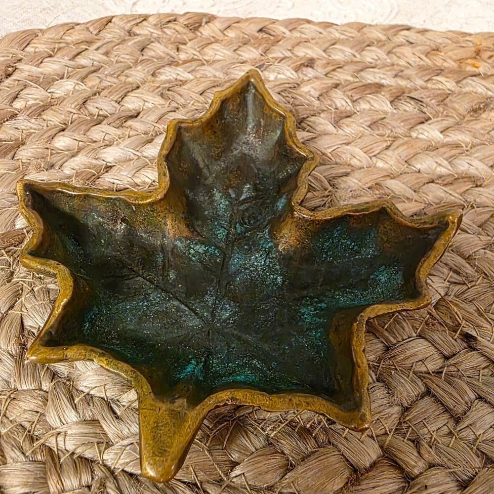 Maple Leaf Trinket Dish Small 4" Bronze Green Verdigris Patina Decor